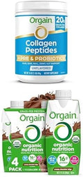 Orgain Collagen Peptides Prebiotic &amp Probiotics 20g Grass Fed Collagen 1 Billion CFU - Type I &amp III 1lb Organic Nutritional Shake Chocolate Fudge 16g Protein 11 Fl Oz (Pack of 4)