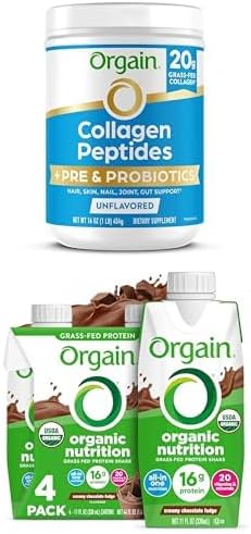 Orgain Collagen Peptides Prebiotic &amp Probiotics 20g Grass Fed Collagen 1 Billion CFU - Type I &amp III 1lb Organic Nutritional Shake Chocolate Fudge 16g Protein 11 Fl Oz (Pack of 4)