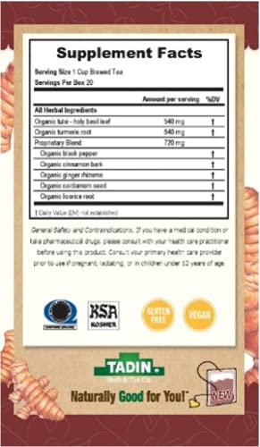 Tadin Organic Turmeric Immunity Now Caffeine Free Herbal Tea for Immunity Support 20 Tea Bags Per Box Pack of 6