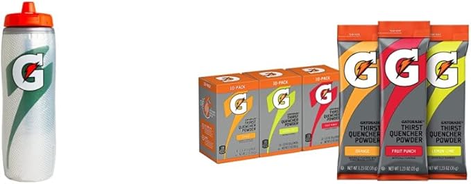 Gatorade Insulated Squeeze Bottle Silver 30oz Thirst Quencher Powder Sticks 3 Flavor Variety Pack (30 Pack)