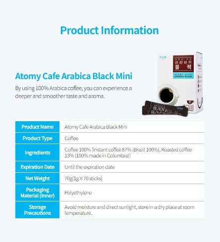Atomy Arabica Black Instant Coffee Mini – 70 Sticks | Sugar-Free Dark Roast | Korean Café-Style Coffee