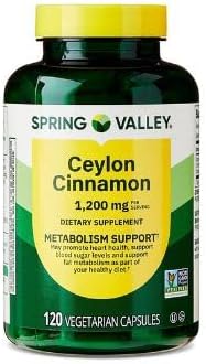 Spring Valley Ceylon Cinnamon Metabolism Support Dietary Supplement Vegetarian Capsules 1200 mg 120 Count + Sticker.
