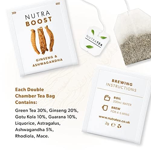 NUTRABOOST - Energy Tea | Focus Tea – Includes Astragalus Ashwagandha &amp Gotu Kola - Naturally Caffeine-Free and Sugar-Free - 60 Enveloped Tea Bags - by Nutra Tea - Herbal Tea - (3 Pack)