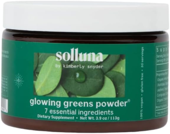 Solluna by Kimberly Snyder Greens Superfood Powder with Spirulina Cordyceps Chlorella Moringa Ashitaba Amalaki Monk Fruit — Vitamins &amp Minerals for Energy &amp Mood (30 Serv) Vegan &amp No