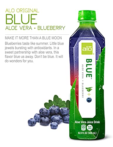 ALO Aloe Vera Juice Drink | BLUE - Aloe Vera + Blueberry | 16.9 fl oz Pack of 12 | Plant-Based Drink with Real Aloe Pulp