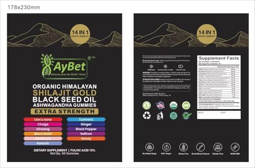 Organic Himalayan Shilajit Gold Gummies for Men and Women Black Seed Oil Ashwagandha Ginseng Turmeric Gokshura Lion's None Lab Tested%75 Fulvic Acid No Sugar Added Halal 60Gummy