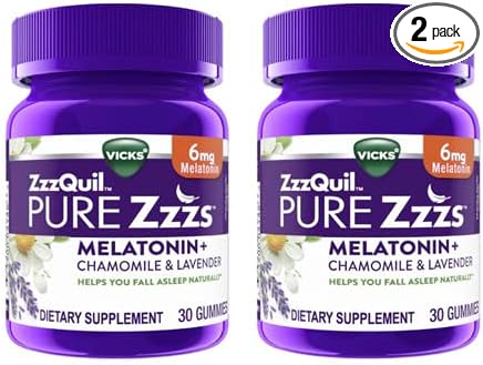 ZzzQuil Pure Zzzs Melatonin Natural Flavor Sleep Supplement Gummies with Chamomile Lavender &amp Valerian Root 6mg per Serving 30 Gummies (Pack of 2)
