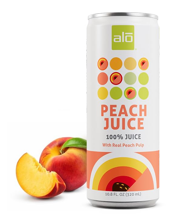 ALO Slim Can Juice Peach with Real Fruit Pulp| 10.82 fl oz Pack of 12 | Plant-Based Beverage 100% Natural Juice