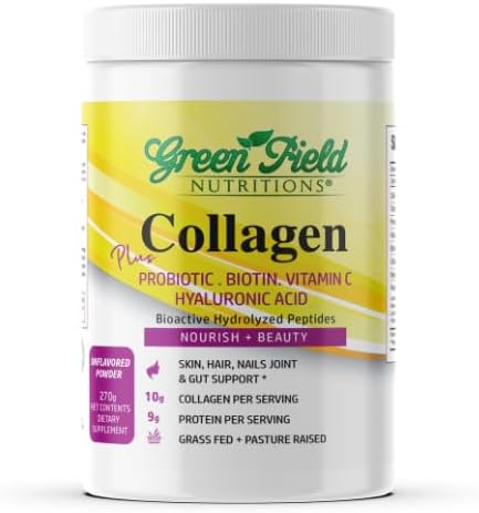 Greenfield Nutritions Halal Collagen Peptides Powder - 9g Halal Protein Probiotic Biotin Hyaluronic Acid &amp Vitamin C - 270g Halal Collagen for Women &amp Men - Supports Hair Skin Nails Joint
