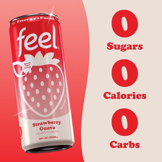 FEEL Zero Sugar Natural Energy Drink – Strawberry Guava 140mg Plant-Based Caffeine with L-Theanine for Focus Vitamin C for Immunity Vegan Non-GMO No Artificial Sweeteners 12 Fl Oz Cans (12-Pack)