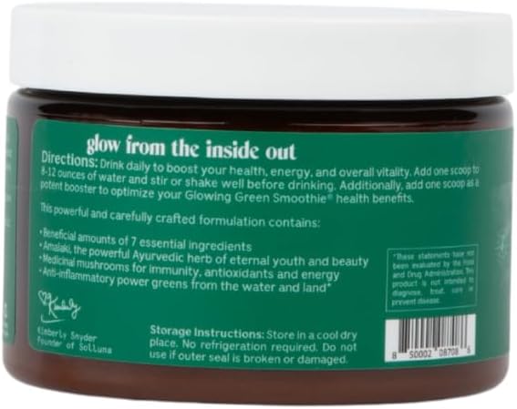 Solluna by Kimberly Snyder Greens Superfood Powder with Spirulina Cordyceps Chlorella Moringa Ashitaba Amalaki Monk Fruit — Vitamins &amp Minerals for Energy &amp Mood (30 Serv) Vegan &amp No