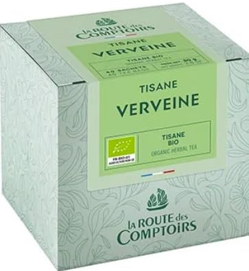 La Route des Comptoirs Organic Verbena (Verveine) Herbal Tea 40 individually wrapped Tea Sachets per box nylon-free tea sachets.