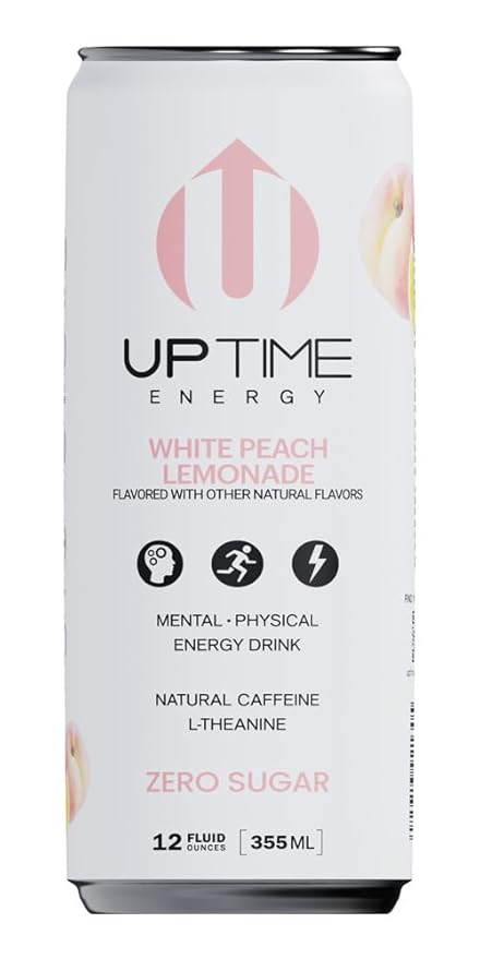 UPTIME Energy Drink White Peach Lemonade Sparkling 12 Pack Vitamin C L Theanine Calcium Sugar Free Energy Drinks for Focus Support 142mg of Natural Caffeine 5 Calories Clean 12 fl oz Cans