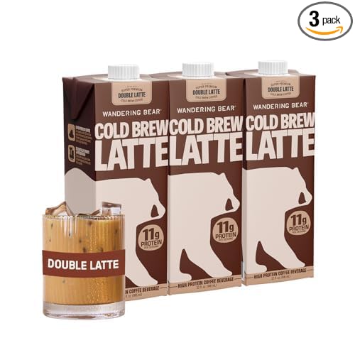 Wandering Bear Double Latte Organic Cold Brew Coffee — 32 fl oz 3 pack - Creamy High-Protein Cold Brew Latte 11 g Protein Only 100 Calories 5 g Sugar Double Shot Strength (Shelf-Stable)