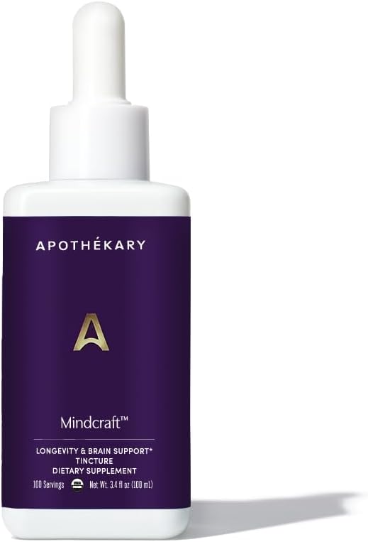 Apothékary Mindcraft Supports Focus Cognition Longevity and Anti-Aging Fast-Acting Herbal Liquid Drops with Lion’s Mane and Cordyceps Certified Organic Made in USA 4 fl oz 100 Servings