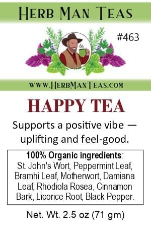 HAPPY TEA – Daily Mood &amp Feel-Good Support – Organic Loose Leaf – by Master Herbalist Khabir | St. John’s Wort Rhodiola rosea &amp Peppermint