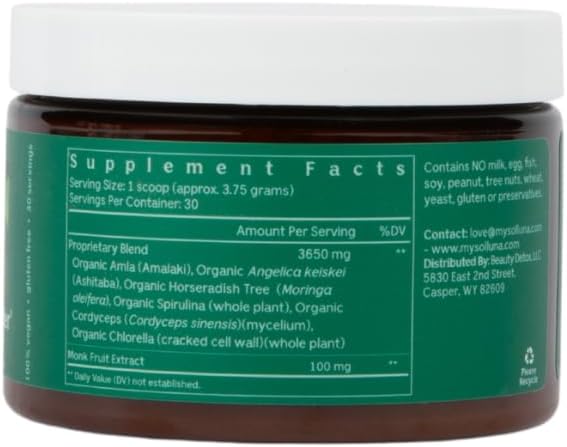 Solluna by Kimberly Snyder Greens Superfood Powder with Spirulina Cordyceps Chlorella Moringa Ashitaba Amalaki Monk Fruit — Vitamins &amp Minerals for Energy &amp Mood (30 Serv) Vegan &amp No