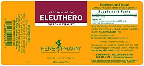 Herb Pharm Eleuthero (Siberian Ginseng) Root Liquid Extract for Energy and Stamina Cane Alcohol 4 Ounce