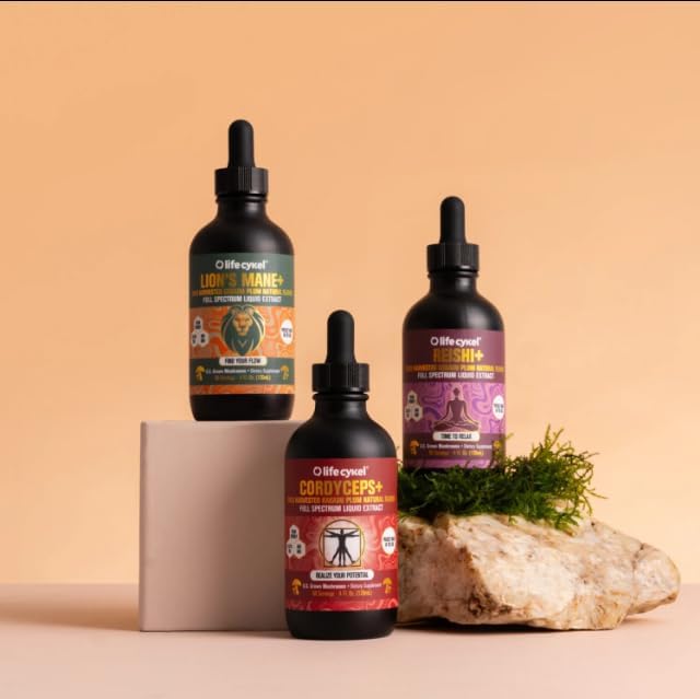 Life Cykel Professional Athletes Pack - Reishi Lion's Mane &amp Cordyceps Mushroom Extract- Full-Spectrum Mushroom Tincture for Energy Focus and Immune Health- Vegan Non-GMO Formula