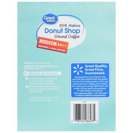 Great Value 48 Count Medium Roast Donut Shop Ground Coffee Single Serve Cups