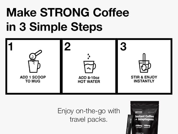 Strong Coffee Co. Instant Black Coffee | Premium Organic Coffee with Nootropics &amp Adaptogens NeuroFactor® L-Theanine Ashwagandha Reishi &amp MCT Oil | No Jitters No Crash (1 30 Servings)