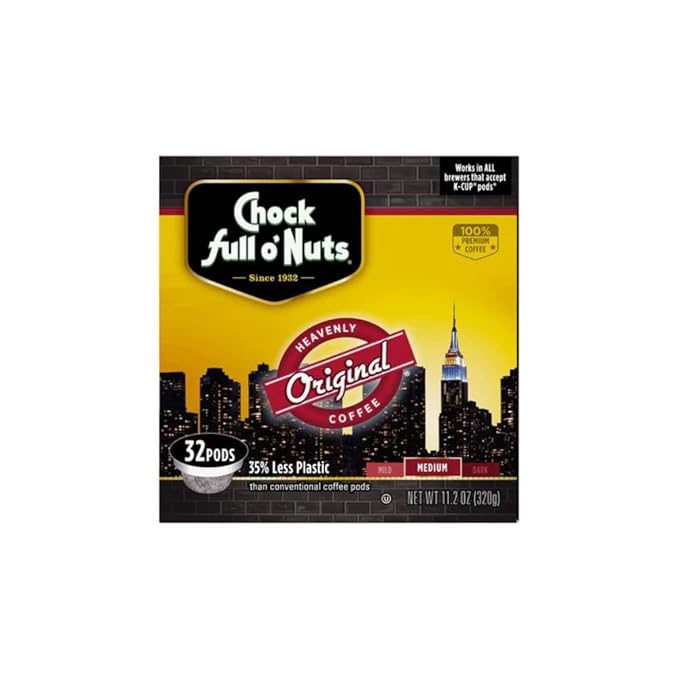 Chock Full o’ Nuts Original Roast Medium Roast K-Cups – Compatible with Keurig Pods K-Cup Brewers (1 Pack of 32 Single-Serve Cups)