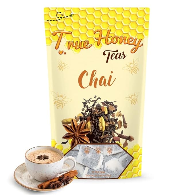 True Honey Chai Tea Bags - Providing Herbal Wellness - All Natural Organic Cinnamon Clove Coriander Anise and Fennel Black - Blended with Honey Crystals Blended - 24 Count
