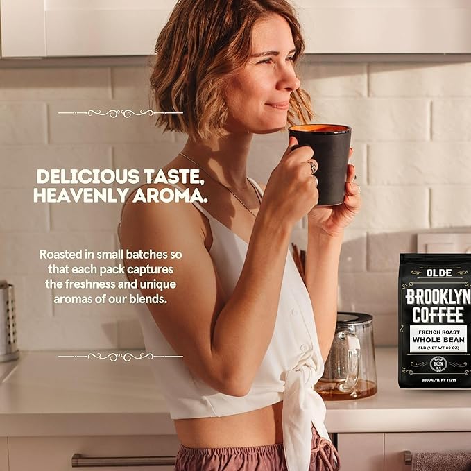 BROOKLYN COFFEE Whole Bean French Dark Roast (5lb) Silky Smooth Bold Balanced - Fresh Bulk Coffee Beans Roasted Weekly in NYC