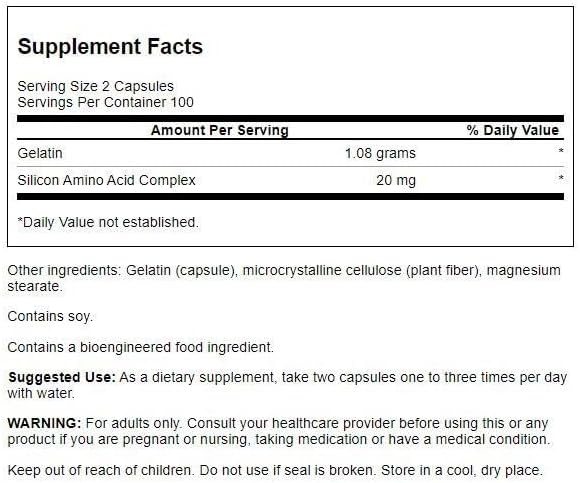 Swanson Gelatin and Silicon - Collagen Proteins Supporting Healthy Hair - Helps Deliver Vital Minerals for Strong Nails and Thick Hair - 20mg and 1.08 Grams - (200 Capsules)