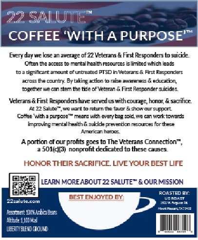 22 Salute Liberty Blend Ground Coffee Medium Roast Breakfast Blend 100% Specialty Arabica Coffee With Chocolate &amp Blueberry Flavor Notes 12oz Bag