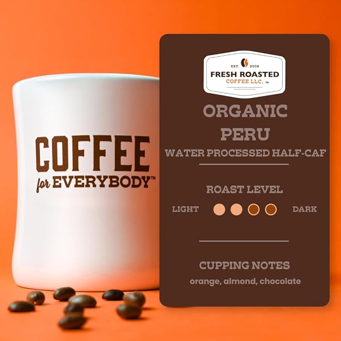 Fresh Roasted Coffee Organic Peru Water-Processed Half-Caf | Mold &amp Myco 3rd Party Tested USDA Organic Kosher | Med Roast 5 lb (80 oz) Whole Bean