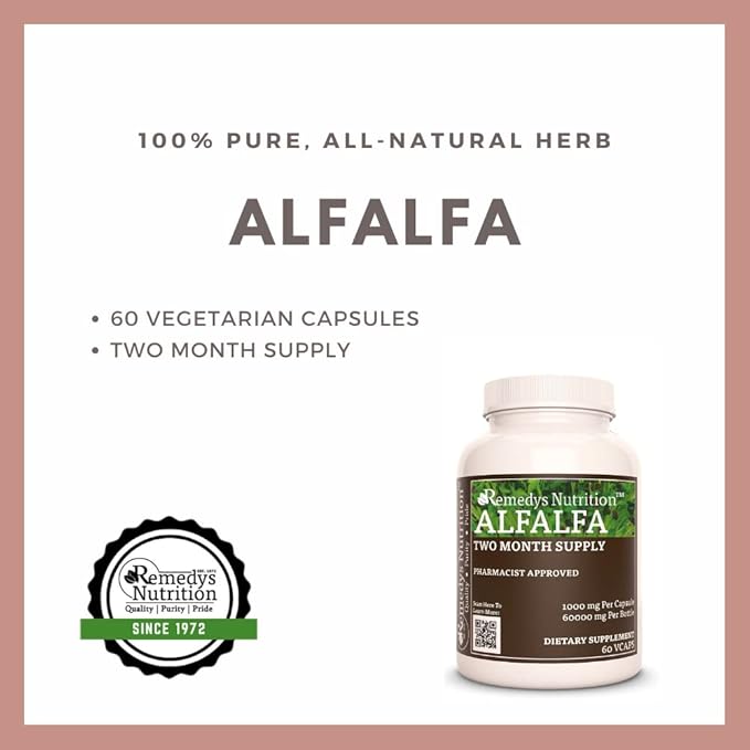 Remedy’s Nutrition Alfalfa - 1000 mg 60 Vegan Capsules Herbal Dietary Supplement - Two Month Supply