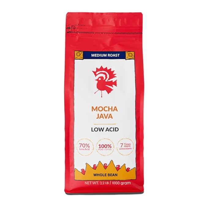 Puroast Low Acid Coffee Whole Bean | Mocha Java Whole Bean | Medium Roast | High Antioxidants &amp High pH |No Bitter Aftertaste | Reduced Heartburn &amp GERD | Suitable for Cold Brew - 2.2 LB