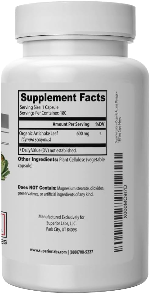 Superior Labs – Artichoke Leaf NonGMO Powerful with Caffeoylquinic Acid Natural Dietary Supplement to Support Healthy Metabolism Digestion Antioxidant – 600 mg Dosage – 180 Veg Caps