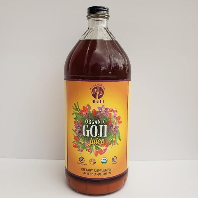Organic Only GOJI Fruit Juice 100% Pure Puree 32oz (1qt) GLASS Bottle - The Happy Berry Vitamin Rich Super Juice Traditionally Prepared - 30g Goji Superfruit Per Serving - Gluten-Free &amp Vegan