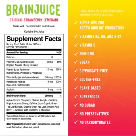BrainJuice Variety Pack Daily Brain Supplement Drink with Vitamins Amino Acids &amp Natural Green Tea | Sugar-Free Vegan Gluten-Free Non-GMO 12 fl oz (4-Pack)