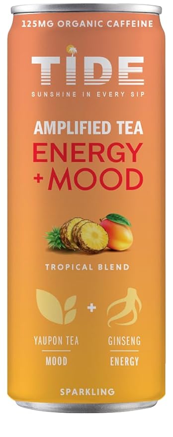 TIDE Yaupon Tea Premium Brewed Clean Energy with 125mg Caffeine - Ginseng Health Drink - Organic Fruit Juice &amp Green Tea - Healthy Morning Boost Beverage Low Calorie Tropical 12 Pack