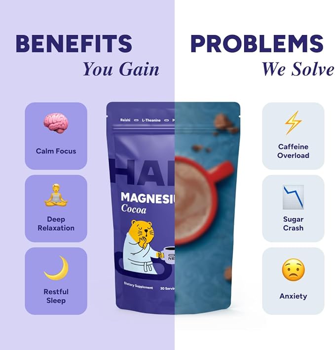 Magnesium Mushroom Cocoa with Ashwagandha &amp Reishi - Adaptogens Blend - Zinc L-Theanine L-Glycine Chamomile Jujube &amp Cinnamon - Made in USA - 30 Servings
