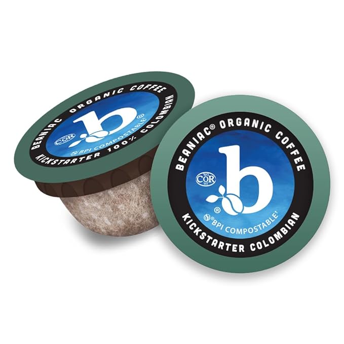 beaniac Organic Kickstarter Colombian Medium Light Roast Single Serve Compostable K Cup Coffee Pods Organic Arabica Coffee Keurig Brewer Compatible 30 Count