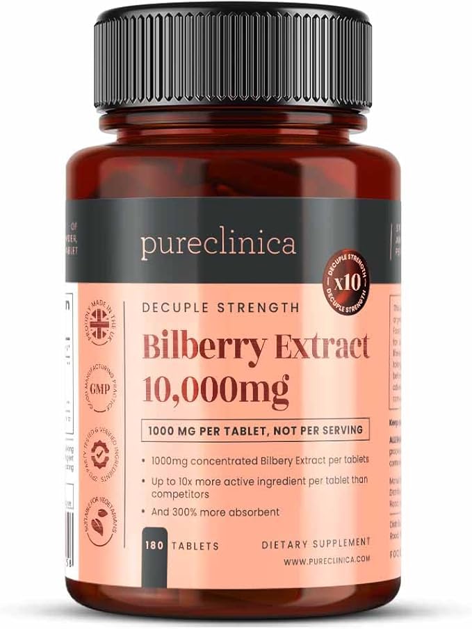 Bilberry Extract 10000mg x 180 Tablets (6 Months Supply)- 10X More anthocyanidin Plus 5mg Black Pepper per Tablet