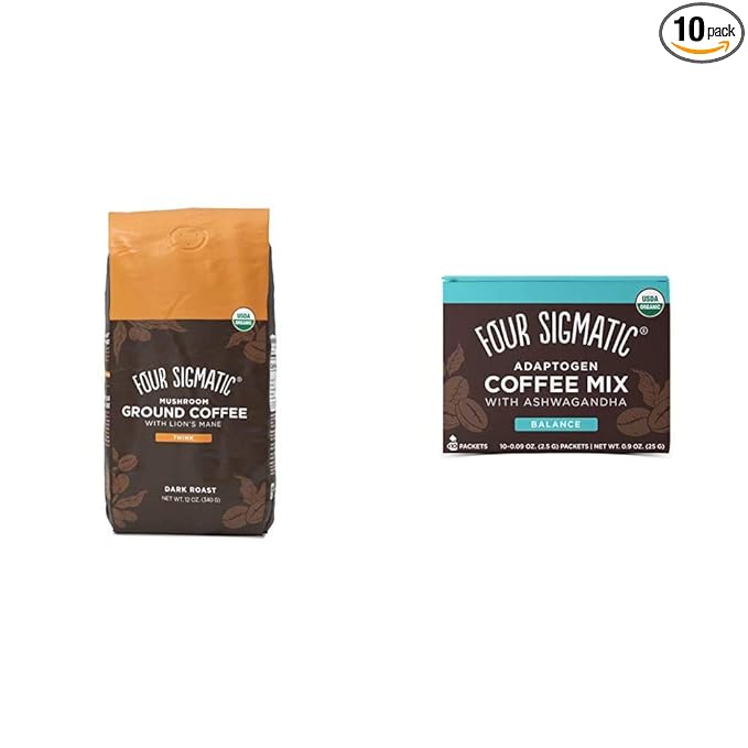 Four Sigmatic Mushroom Ground &amp Instant Coffee - Organic Fair Trade with Lions Mane &amp Ashwagandha 12 Oz &amp 10 Count