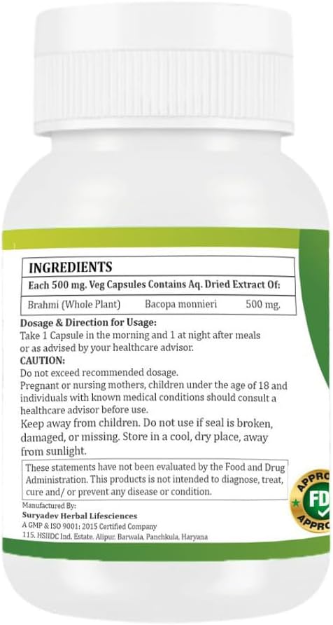 Brahmi Capsules | Bacopa Monnieri Extract | 500mg Each | Non-GMO Vegan Gluten-Free | Natural Herbal Supplement | 120 Vegetarian Capsules | Pack of 2 Bottle