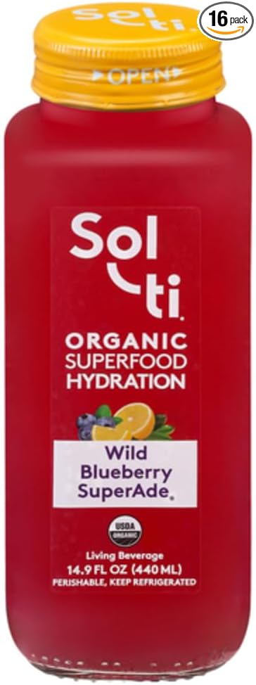 Organic SuperAde Hydration Drink with Powerful Anti-Oxidants SuperFood Lemonade by Sol-ti Cold-Pressed Wild Blueberry and Lemon Juice Blend 16 Pack (14.9 Fl oz)