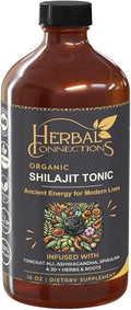 Organic Shilajit Tonic 16 oz | 32 Servings | 20-Herb Adaptogen Blend w/Ashwagandha Maca Spirulina &amp Turmeric | Liquid Energy Hormone Balance &amp Detox Support | Vegan Non-GMO