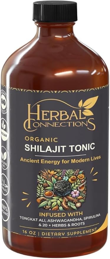 Organic Shilajit Tonic 16 oz | 32 Servings | 20-Herb Adaptogen Blend w/Ashwagandha Maca Spirulina &amp Turmeric | Liquid Energy Hormone Balance &amp Detox Support | Vegan Non-GMO