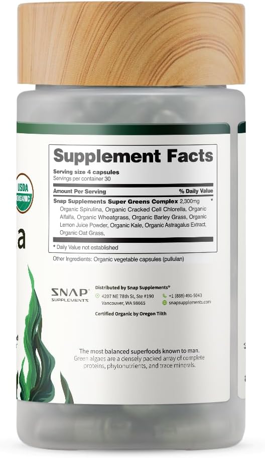 Snap Supplements Organic Spirulina and Chlorella - Protein Rich Blue Green Algae Superfood Supplement for Energy and Immune Support 120 Vegetarian Capsules (30 Servings 1 Month Supply)