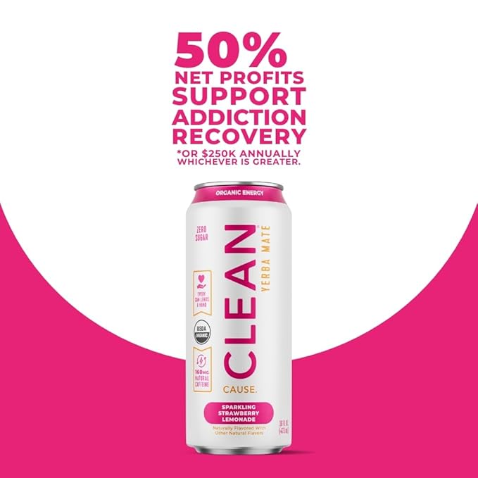 NEW CLEAN Cause Zero Sugar Strawberry Lemonade Yerba Mate Tea Sparkling USDA Organic Energy Drink Alternative Zero Calorie 160mg Natural Caffeine Soda Alternative (16oz cans 12-Pack Case)