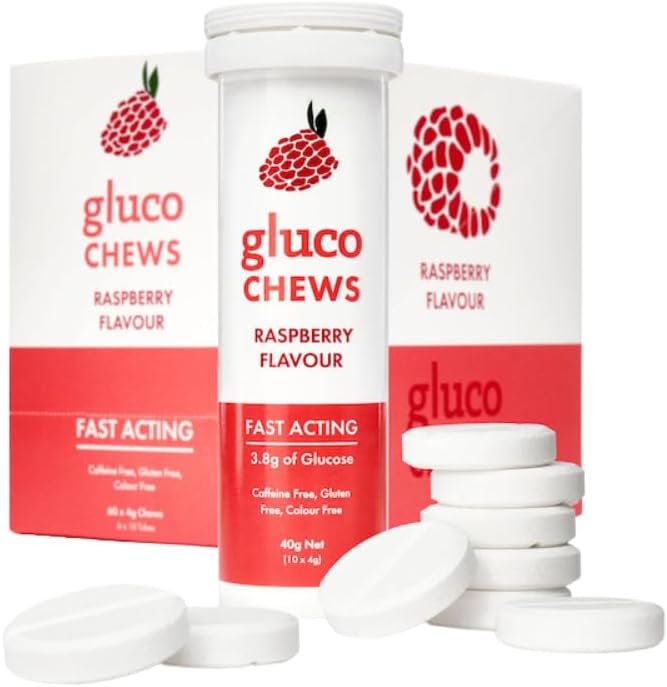 Fast Acting Glucose Tablets Glucochews Raspberry 60 Count (10 tablets per Tube 6 Pocket-Sized Tubes) Boosts Energy Supports Blood Sugar Gluten-Free Caffeine-Free Colouring-Free