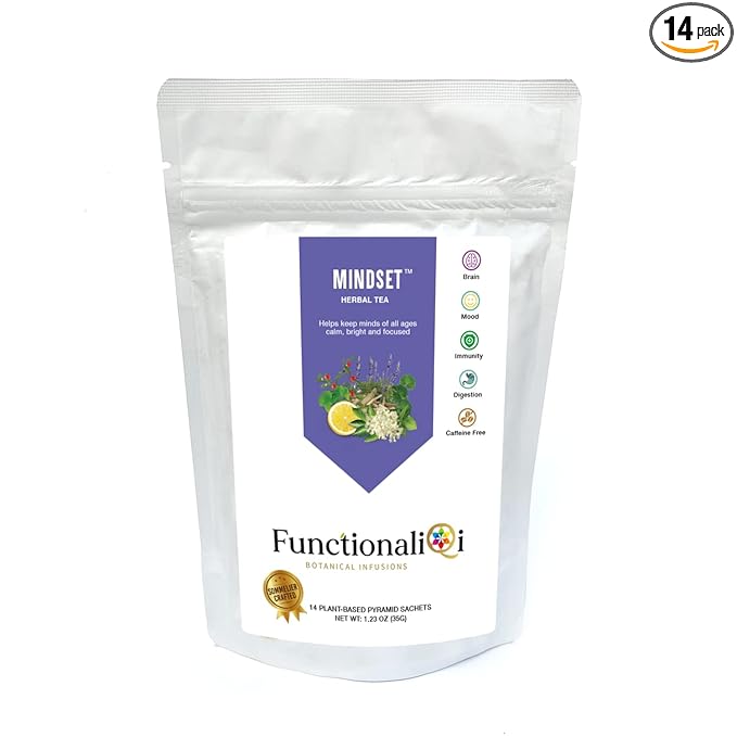FunctionaliQi Mindset Peppermint Herbal Tea Bags for Mind Focus Supplement with Ashwagandha Rosemary Sage Gotu Kola Ginkgo Biloba Lemon Myrtle (14 Tea Bags)