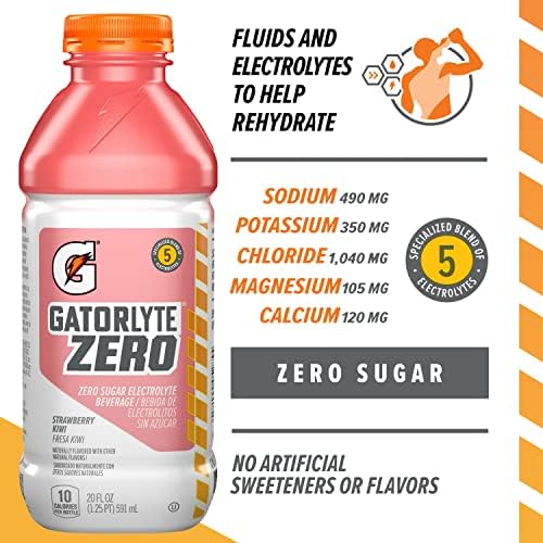 Gatorlyte Zero Electrolyte Beverage Strawberry Kiwi Zero Sugar Hydration Specialized Blend of 5 Electrolytes No Artificial Sweeteners or Flavors 20 Oz Bottles (Pack of 12)